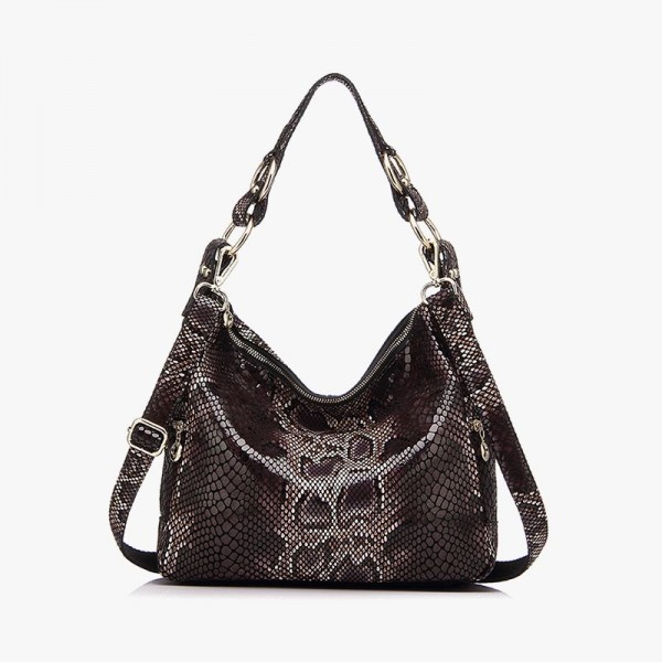 Serpentine Print Leather Shoulder Handbag